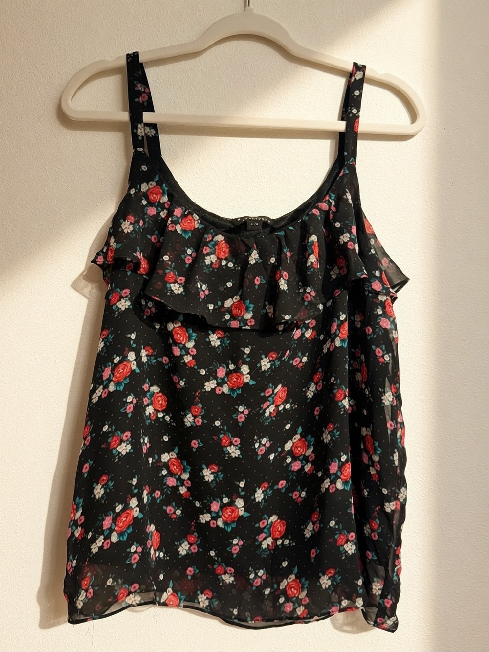 Twentytone Womens Y2K Floral Ruffle Chiffon Cami Top Size L Black Pink Coquette